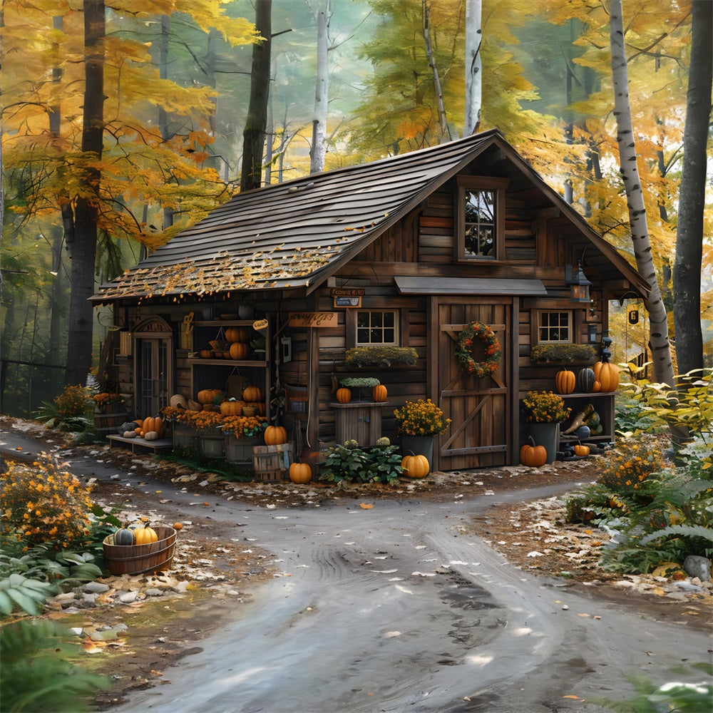 Rustic Autumn Cabin Pumpkins Leaves Backdrop UK RR7-285