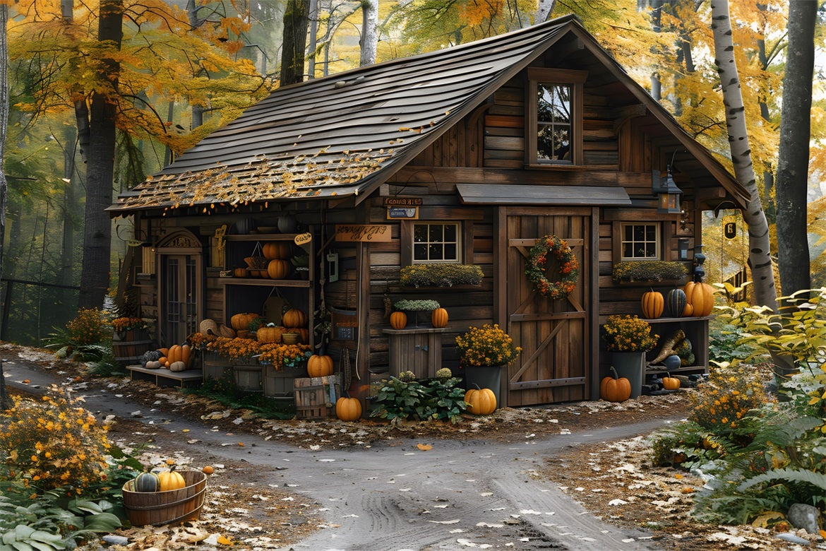 Rustic Autumn Cabin Pumpkins Leaves Backdrop UK RR7-285