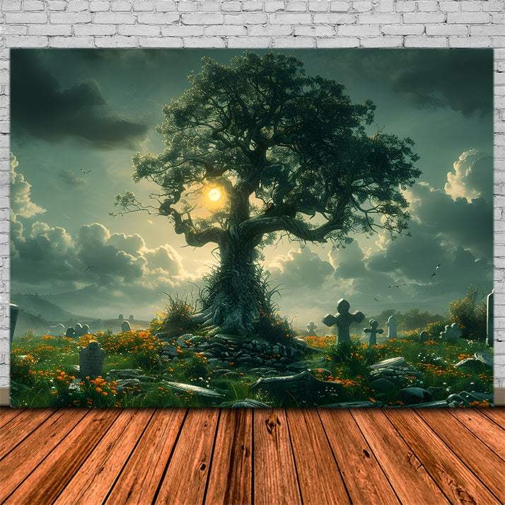 Halloween Enchanted Graveyard Tree Backdrop UK RR7-286