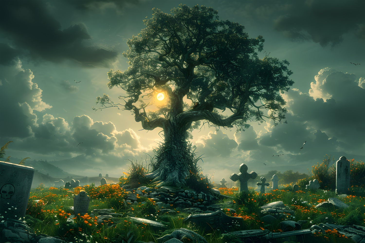 Halloween Enchanted Graveyard Tree Backdrop UK RR7-286