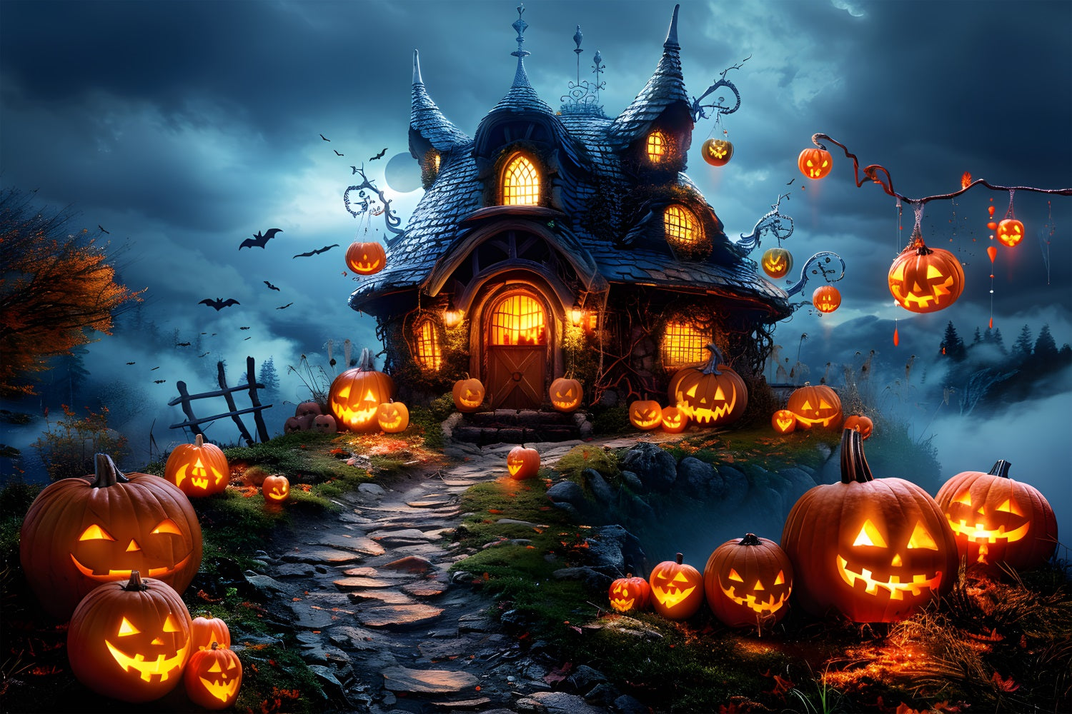 Halloween Pumpkin Lanterns Cottage Backdrop UK RR7-287