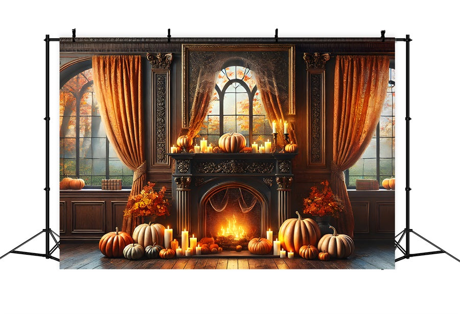 Elegant Autumn Fireplace Pumpkins Candles Backdrop UK RR7-290