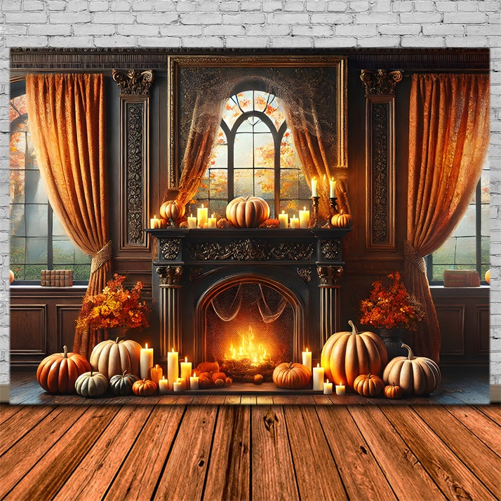 Elegant Autumn Fireplace Pumpkins Candles Backdrop UK RR7-290