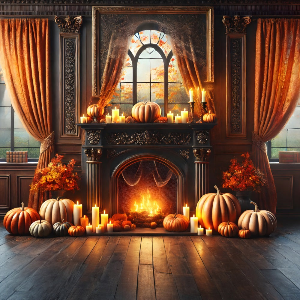 Elegant Autumn Fireplace Pumpkins Candles Backdrop UK RR7-290