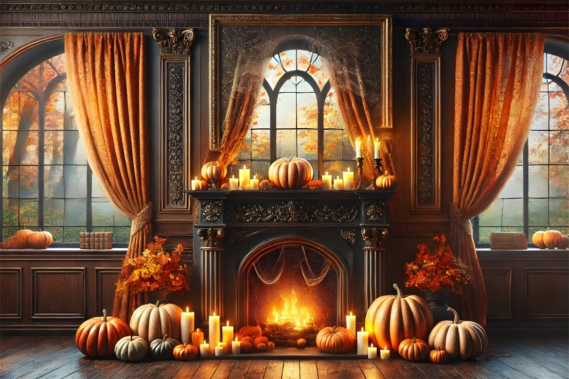 Elegant Autumn Fireplace Pumpkins Candles Backdrop UK RR7-290