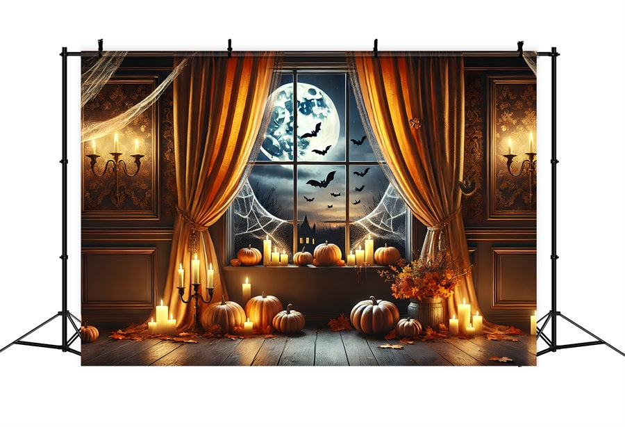 Halloween Pumpkin Lanterns Moonlit Window Backdrop UK RR7-291