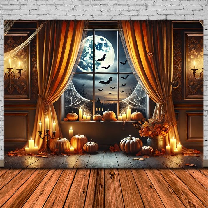 Halloween Pumpkin Lanterns Moonlit Window Backdrop UK RR7-291