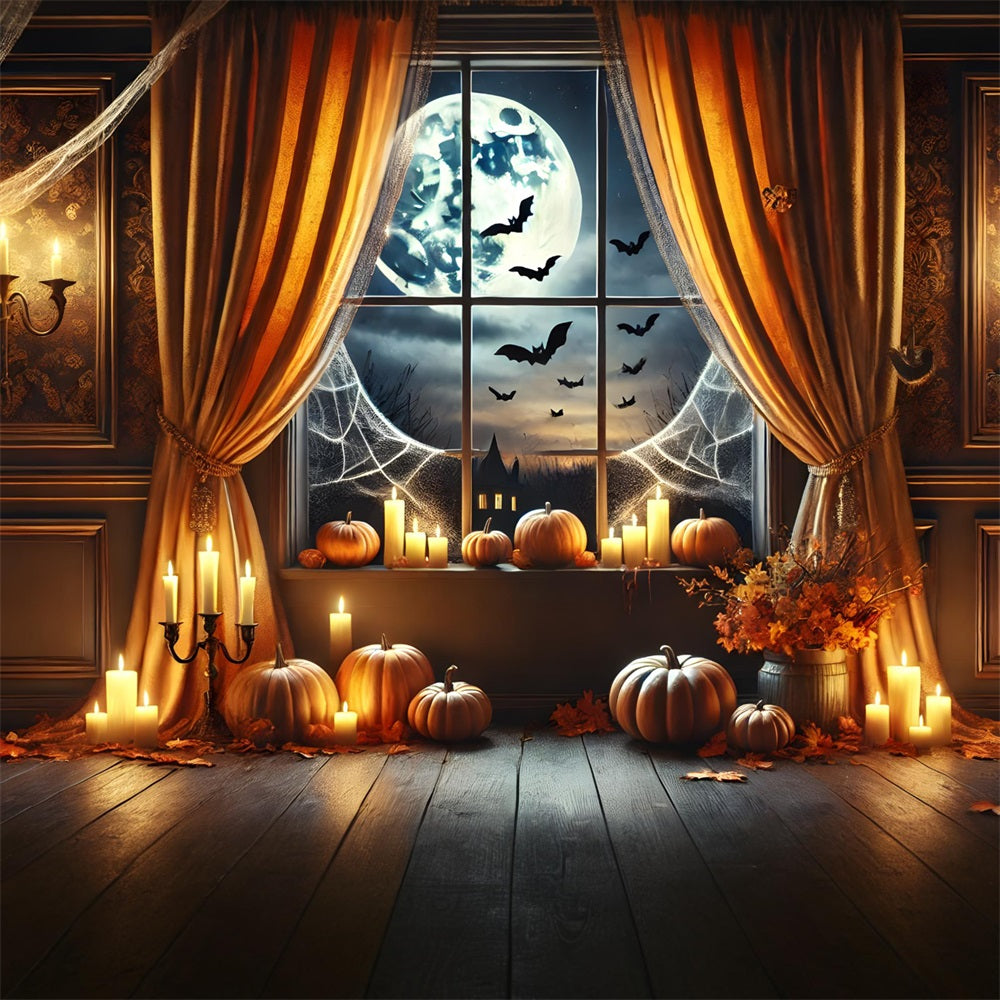 Halloween Pumpkin Lanterns Moonlit Window Backdrop UK RR7-291