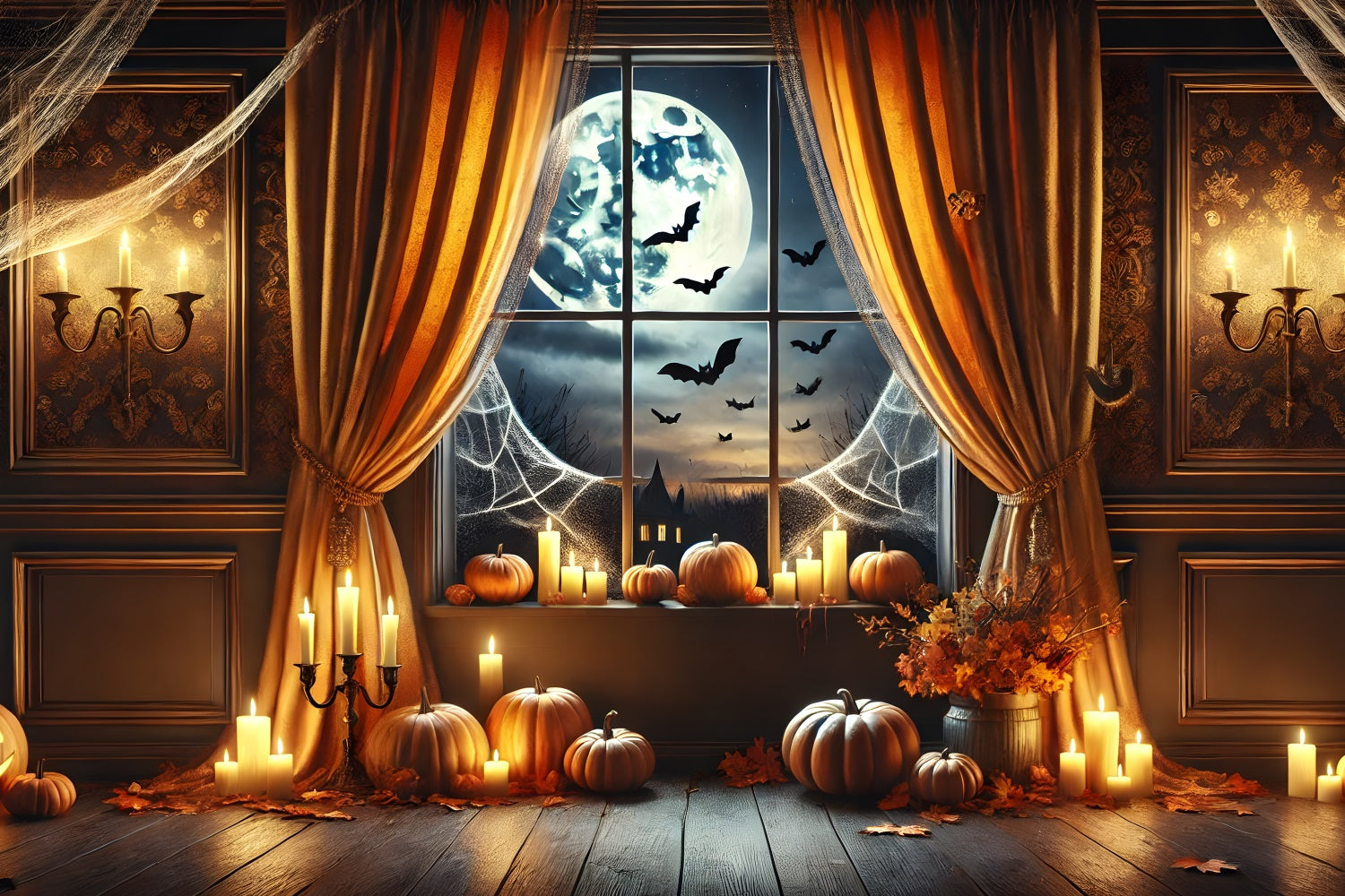 Halloween Pumpkin Lanterns Moonlit Window Backdrop UK RR7-291