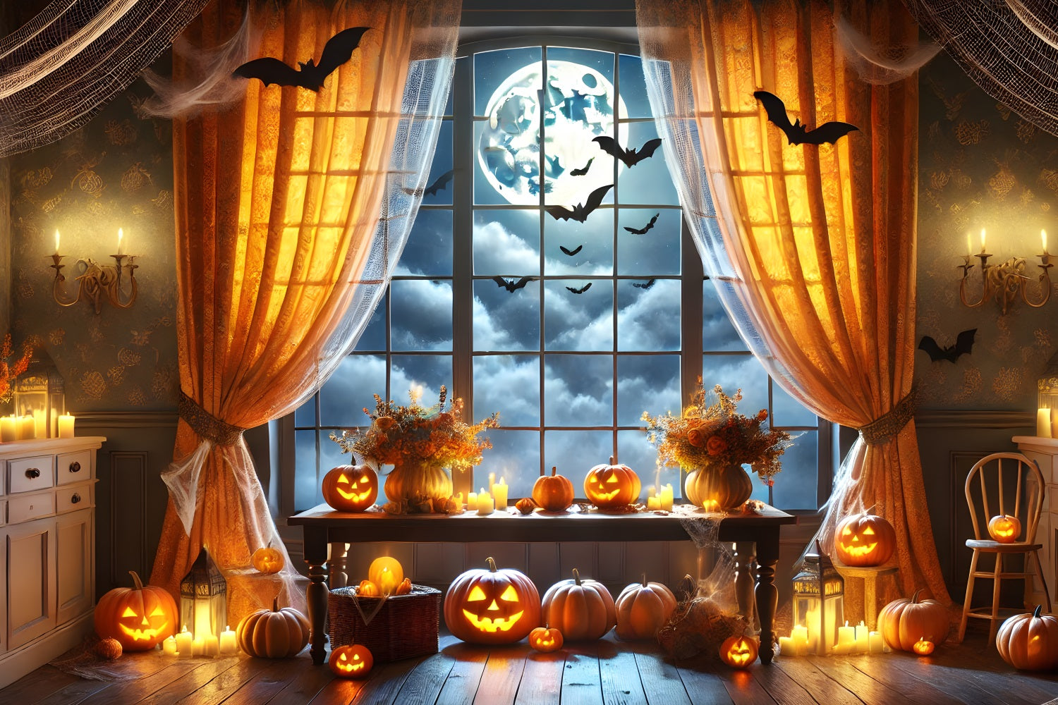 Halloween Pumpkin Full Moon Window Backdrop UK RR7-292