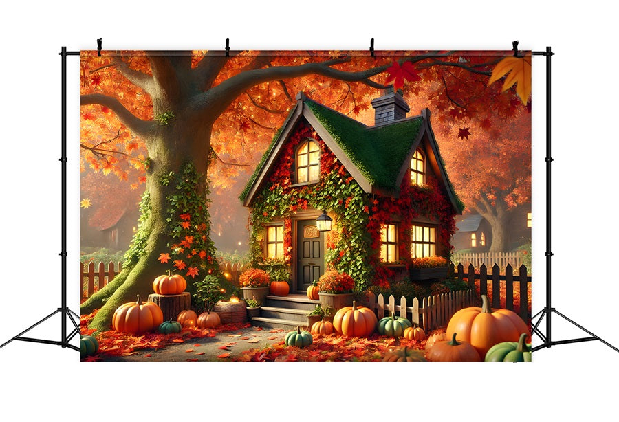 Charming Autumn Cottage Pumpkins Ivy Backdrop UK RR7-293