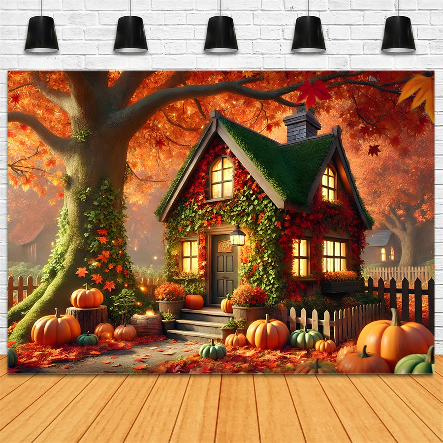 Charming Autumn Cottage Pumpkins Ivy Backdrop UK RR7-293