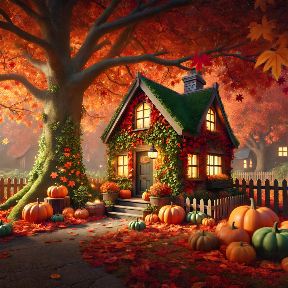 Charming Autumn Cottage Pumpkins Ivy Backdrop UK RR7-293