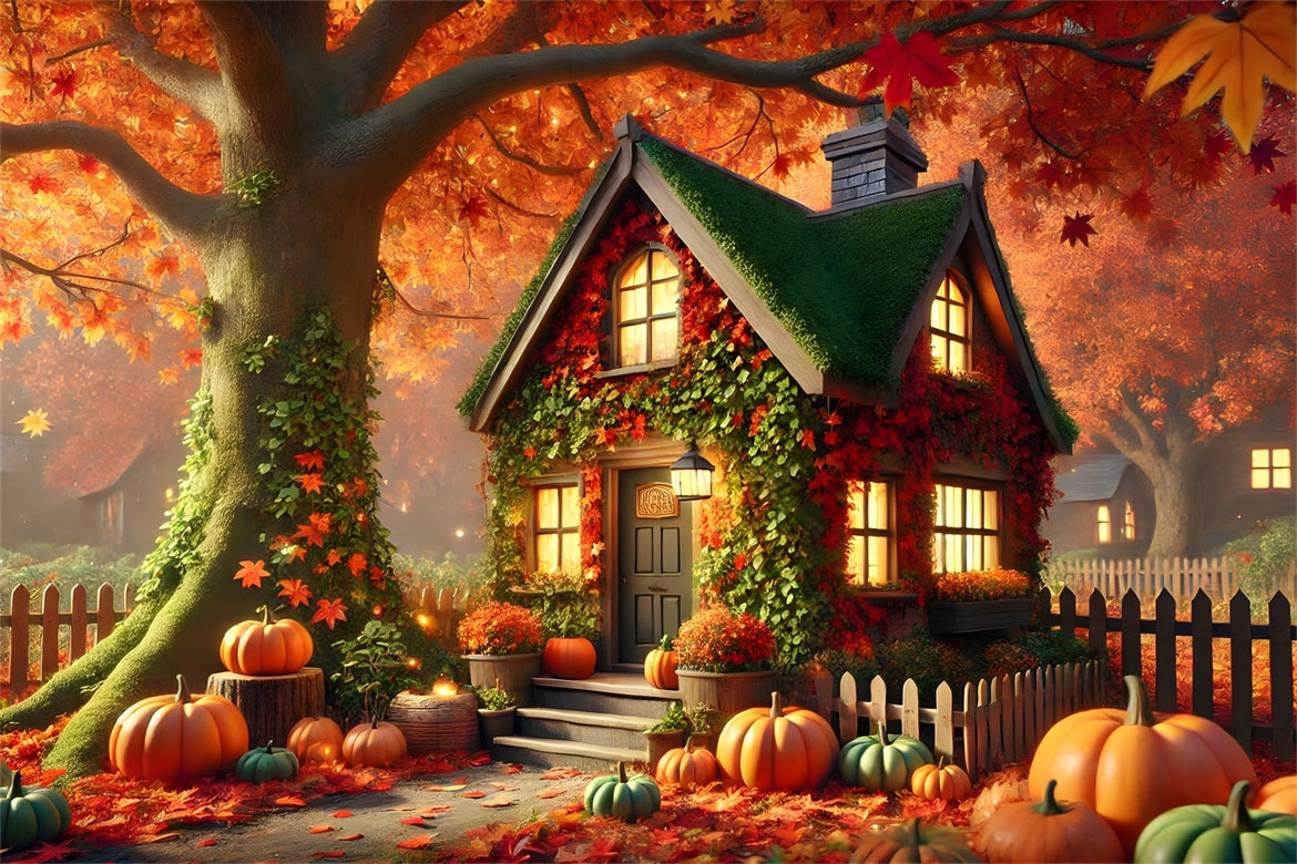 Charming Autumn Cottage Pumpkins Ivy Backdrop UK RR7-293