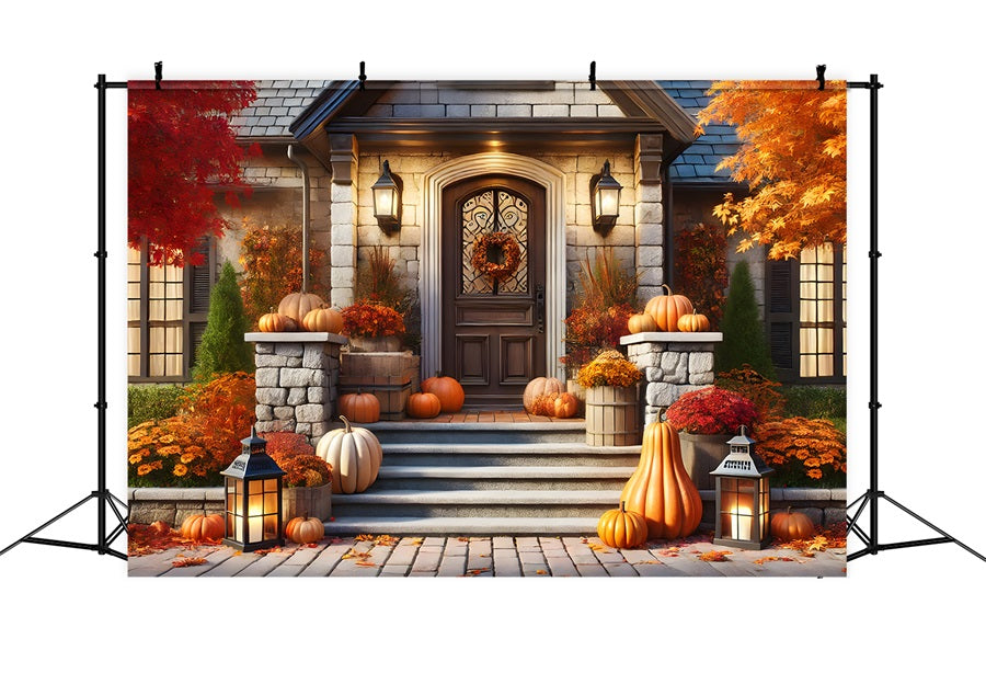 Autumn Front Porch Pumpkins Lanterns Backdrop UK RR7-296