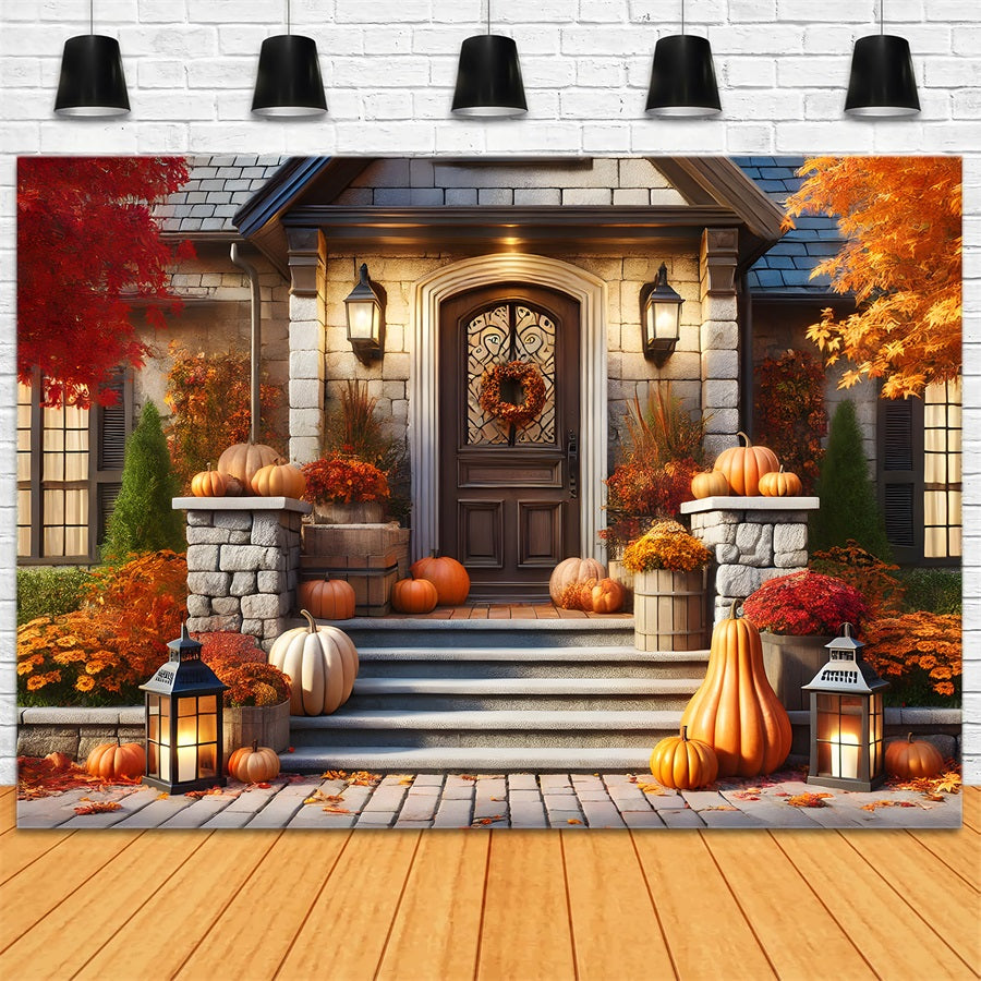 Autumn Front Porch Pumpkins Lanterns Backdrop UK RR7-296