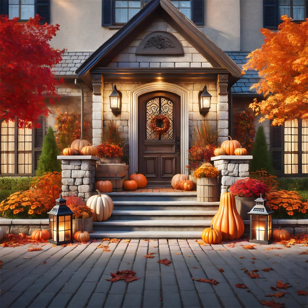 Autumn Front Porch Pumpkins Lanterns Backdrop UK RR7-296