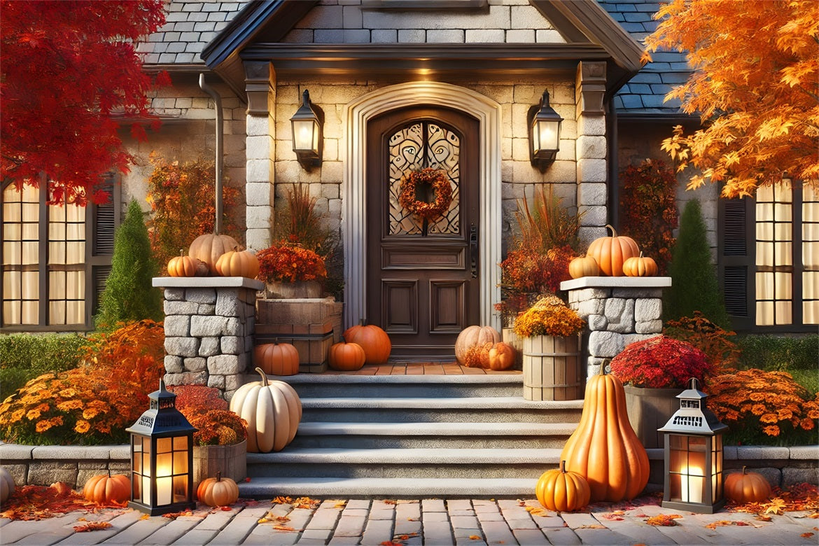 Autumn Front Porch Pumpkins Lanterns Backdrop UK RR7-296