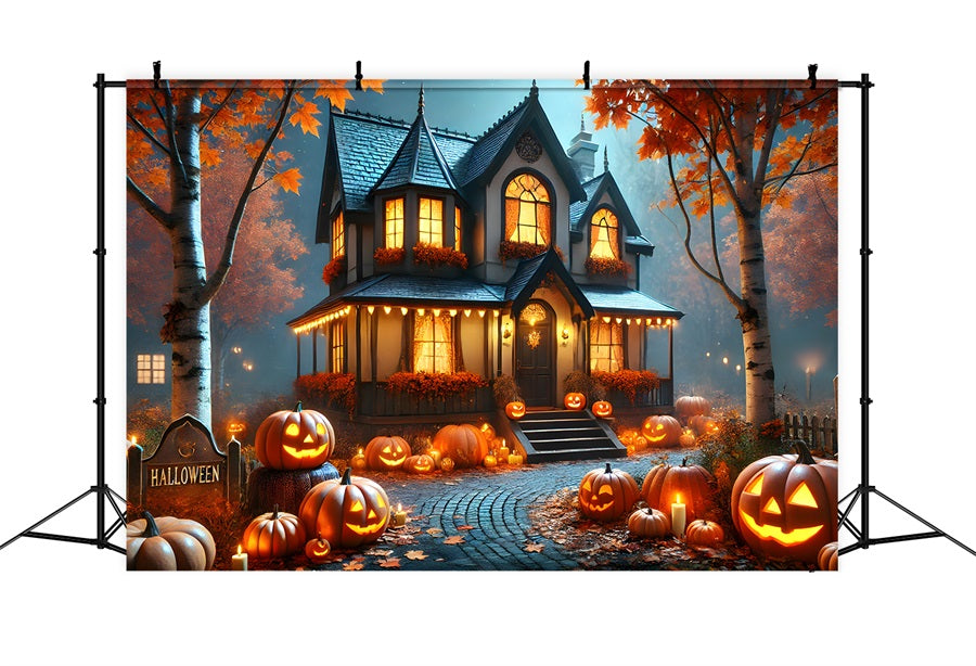 Halloween Pumpkin Lanterns Cozy Cottage Backdrop UK RR7-297