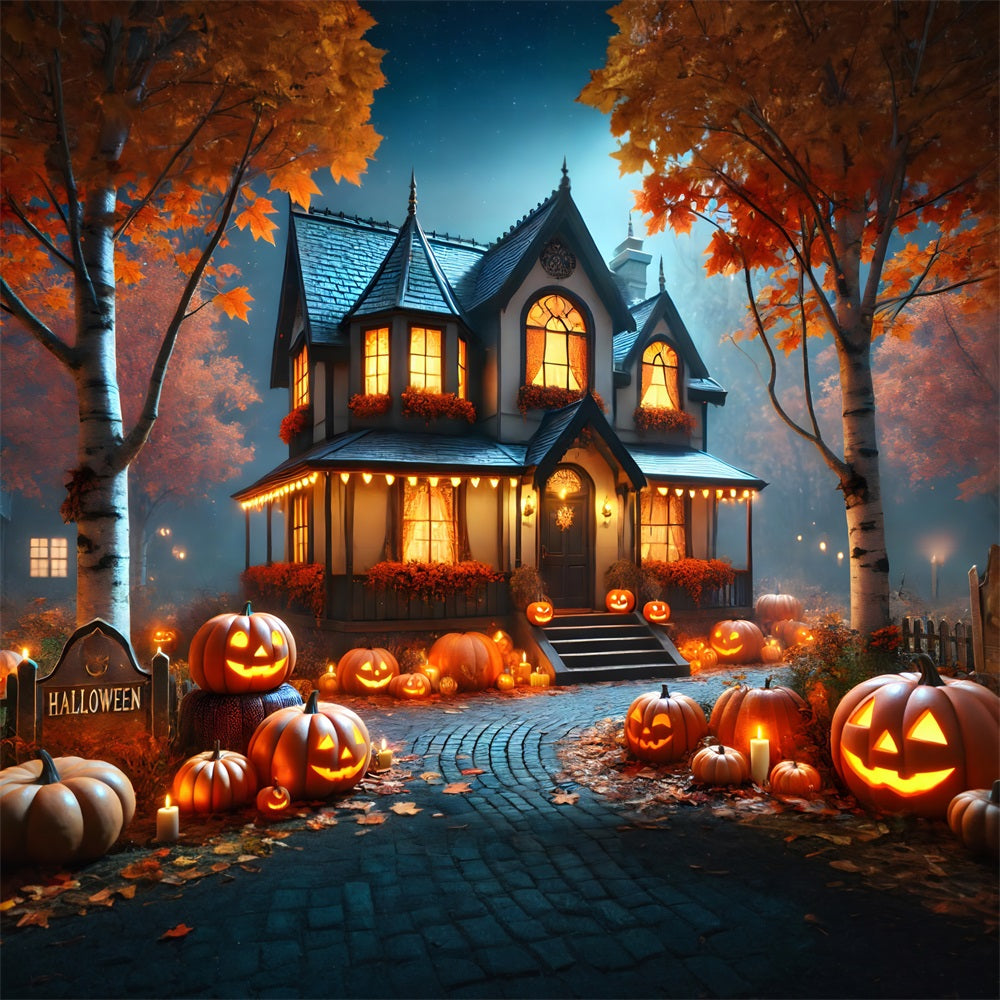 Halloween Pumpkin Lanterns Cozy Cottage Backdrop UK RR7-297