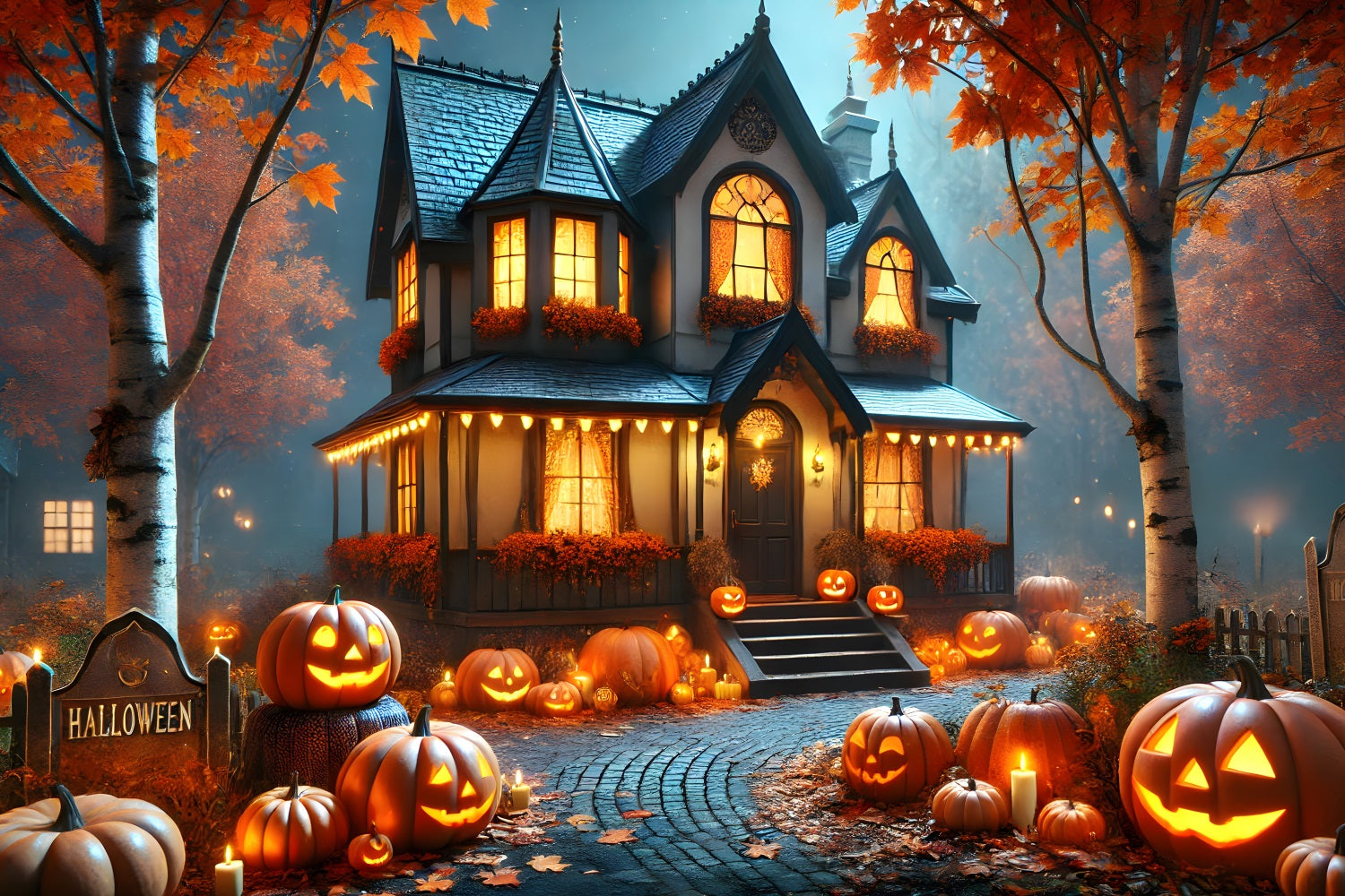 Halloween Pumpkin Lanterns Cozy Cottage Backdrop UK RR7-297