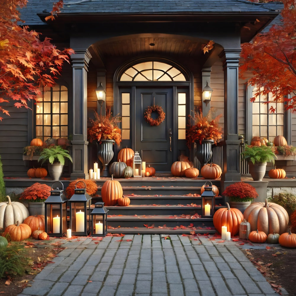 Autumn Front Porch Pumpkins Lanterns Backdrop UK RR7-298