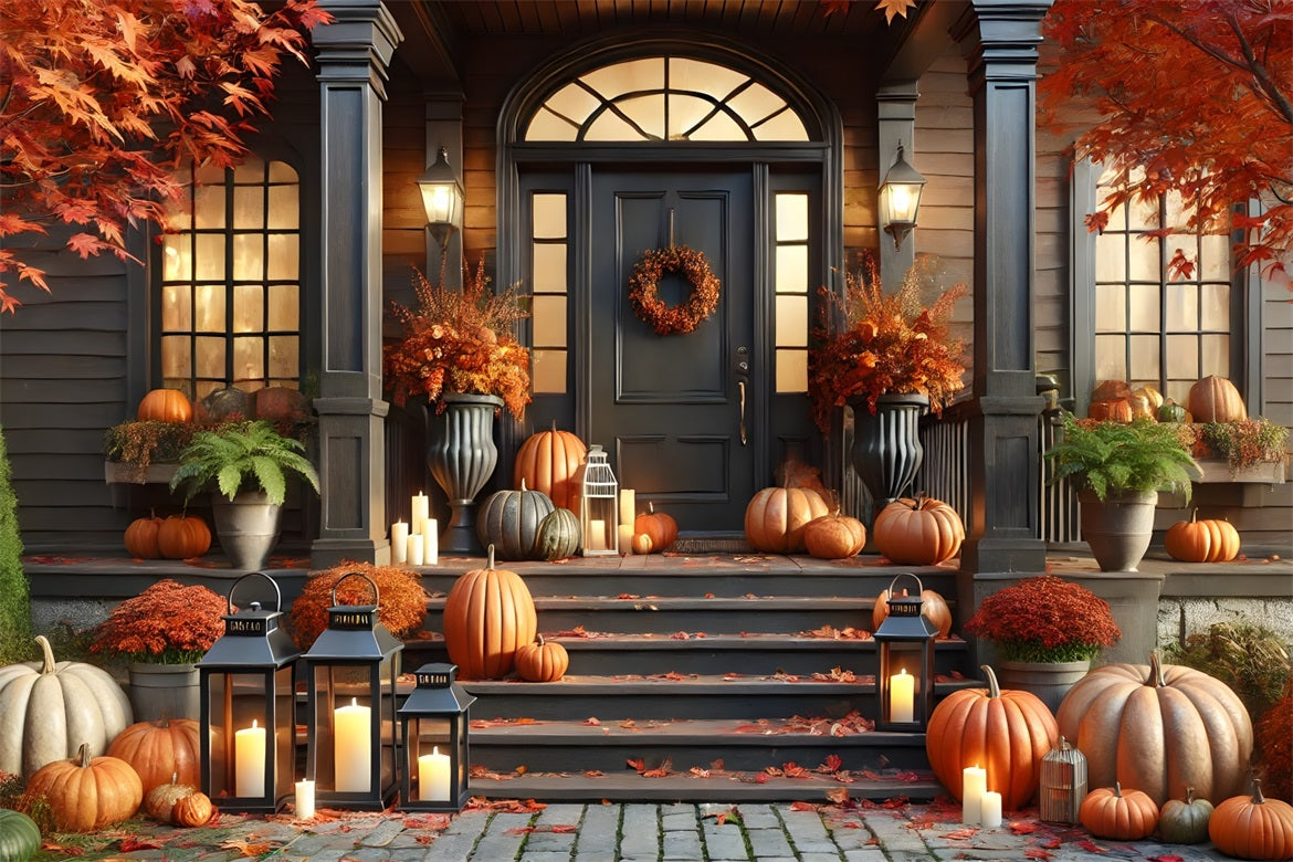 Autumn Front Porch Pumpkins Lanterns Backdrop UK RR7-298