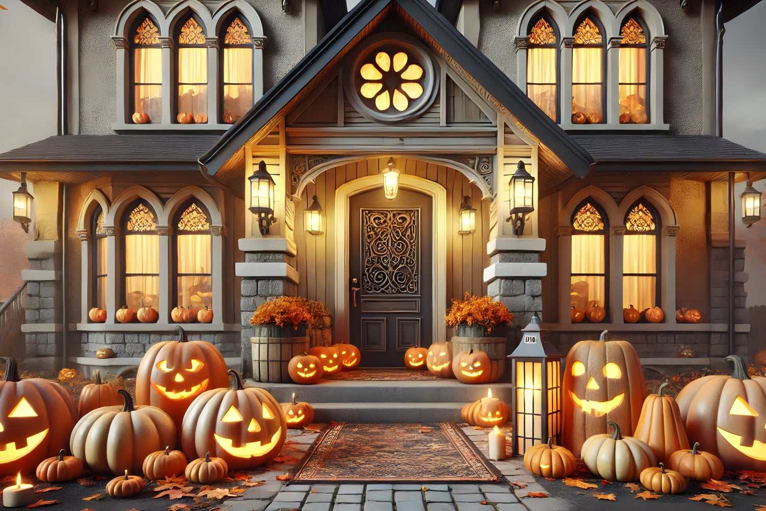 Halloween Pumpkin Lanterns Victorian House Backdrop UK RR7-299