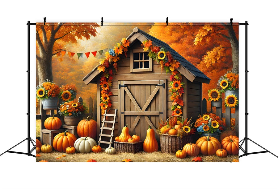 Autumn Barn Pumpkins Sunflowers Backdrop UK RR7-301