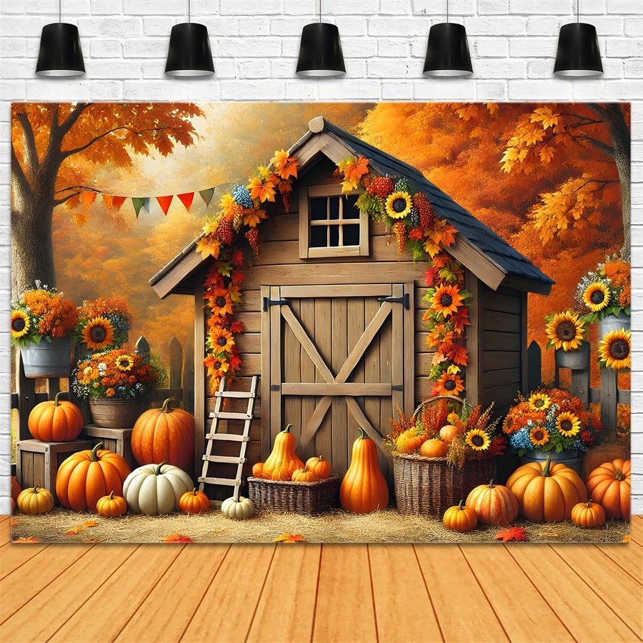 Autumn Barn Pumpkins Sunflowers Backdrop UK RR7-301