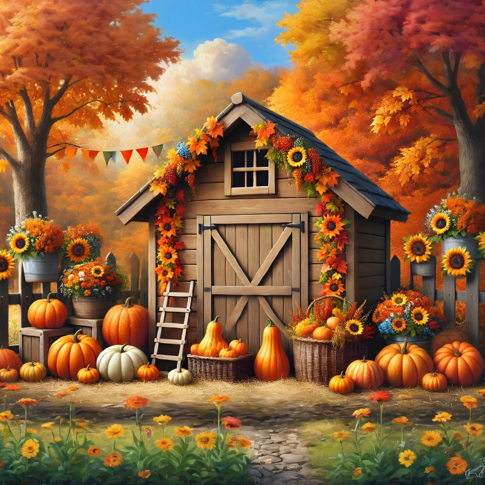 Autumn Barn Pumpkins Sunflowers Backdrop UK RR7-301