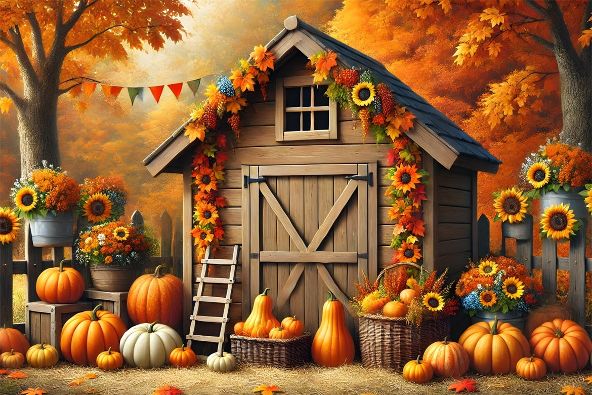 Autumn Barn Pumpkins Sunflowers Backdrop UK RR7-301