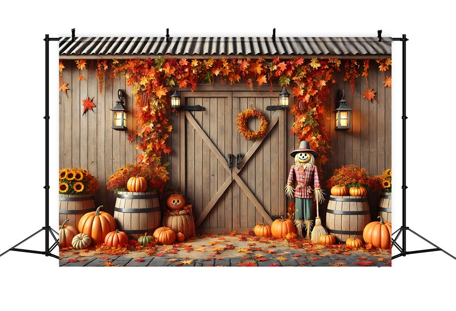 Autumn Barn Door Pumpkins Scarecrow Backdrop UK RR7-302