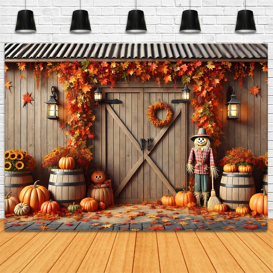 Autumn Barn Door Pumpkins Scarecrow Backdrop UK RR7-302