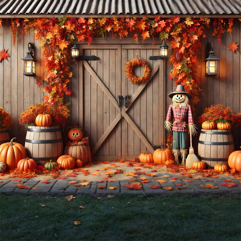 Autumn Barn Door Pumpkins Scarecrow Backdrop UK RR7-302