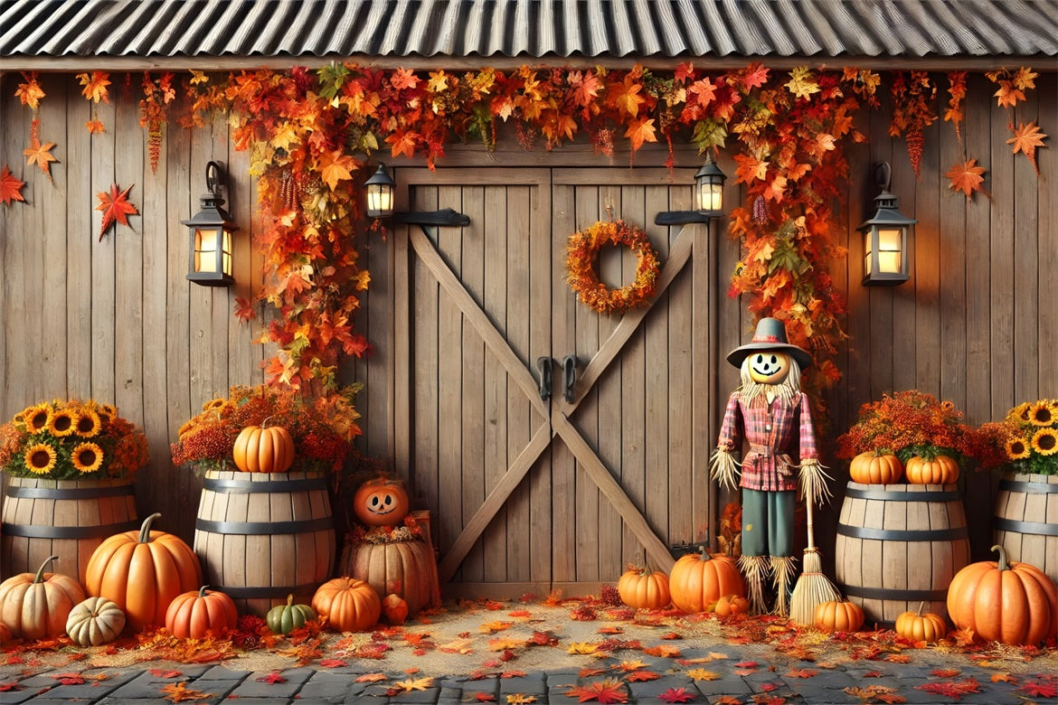 Autumn Barn Door Pumpkins Scarecrow Backdrop UK RR7-302