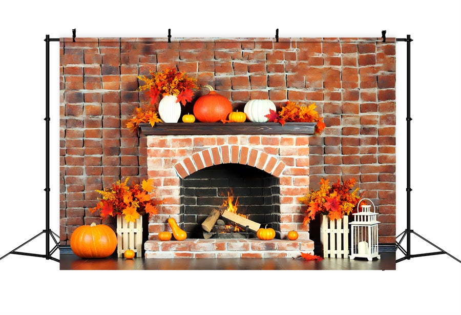 Autumn Brick Fireplace Pumpkins Leaves Backdrop UK RR7-304