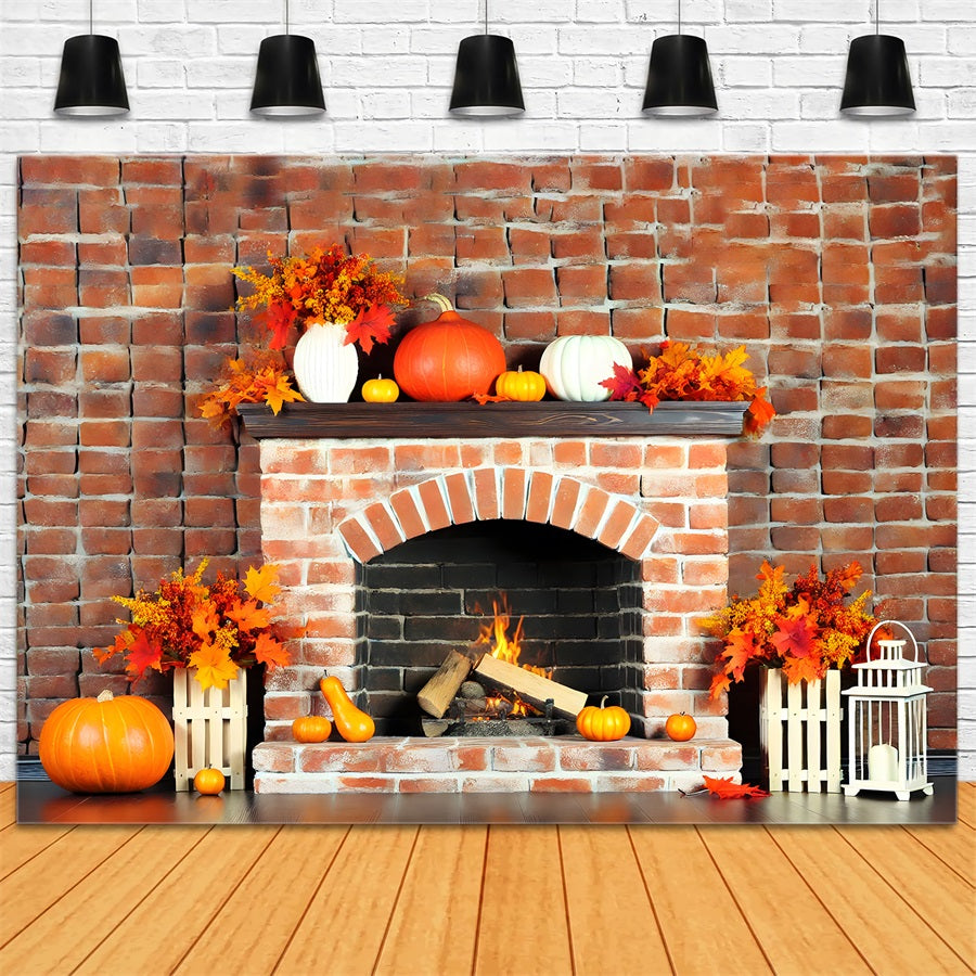 Autumn Brick Fireplace Pumpkins Leaves Backdrop UK RR7-304