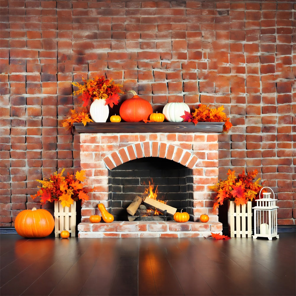 Autumn Brick Fireplace Pumpkins Leaves Backdrop UK RR7-304