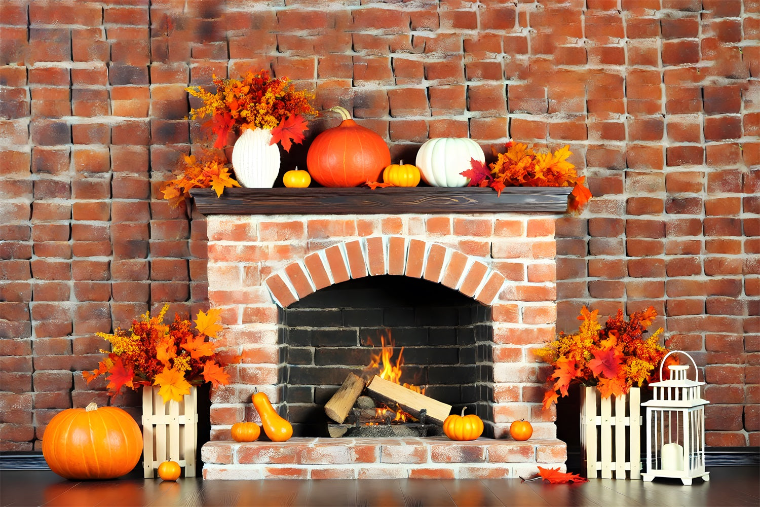 Autumn Brick Fireplace Pumpkins Leaves Backdrop UK RR7-304