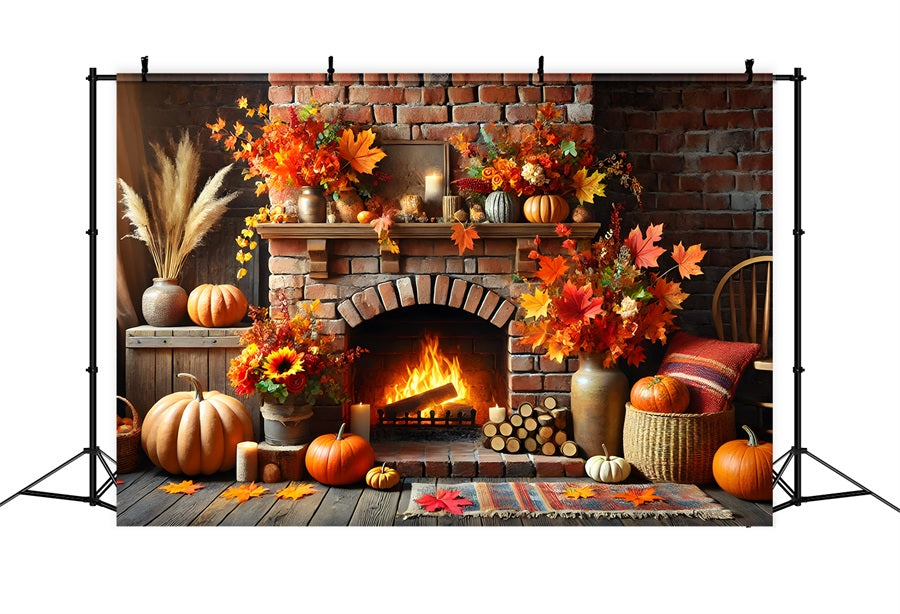 Autumn Leaves Brick Fireplace Pumpkins Backdrop UK RR7-305