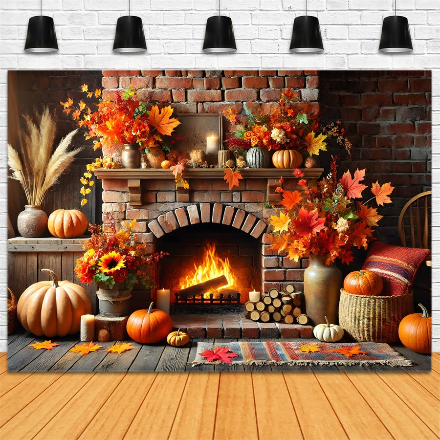 Autumn Leaves Brick Fireplace Pumpkins Backdrop UK RR7-305