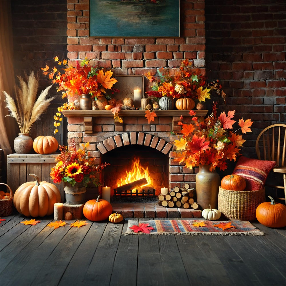 Autumn Leaves Brick Fireplace Pumpkins Backdrop UK RR7-305