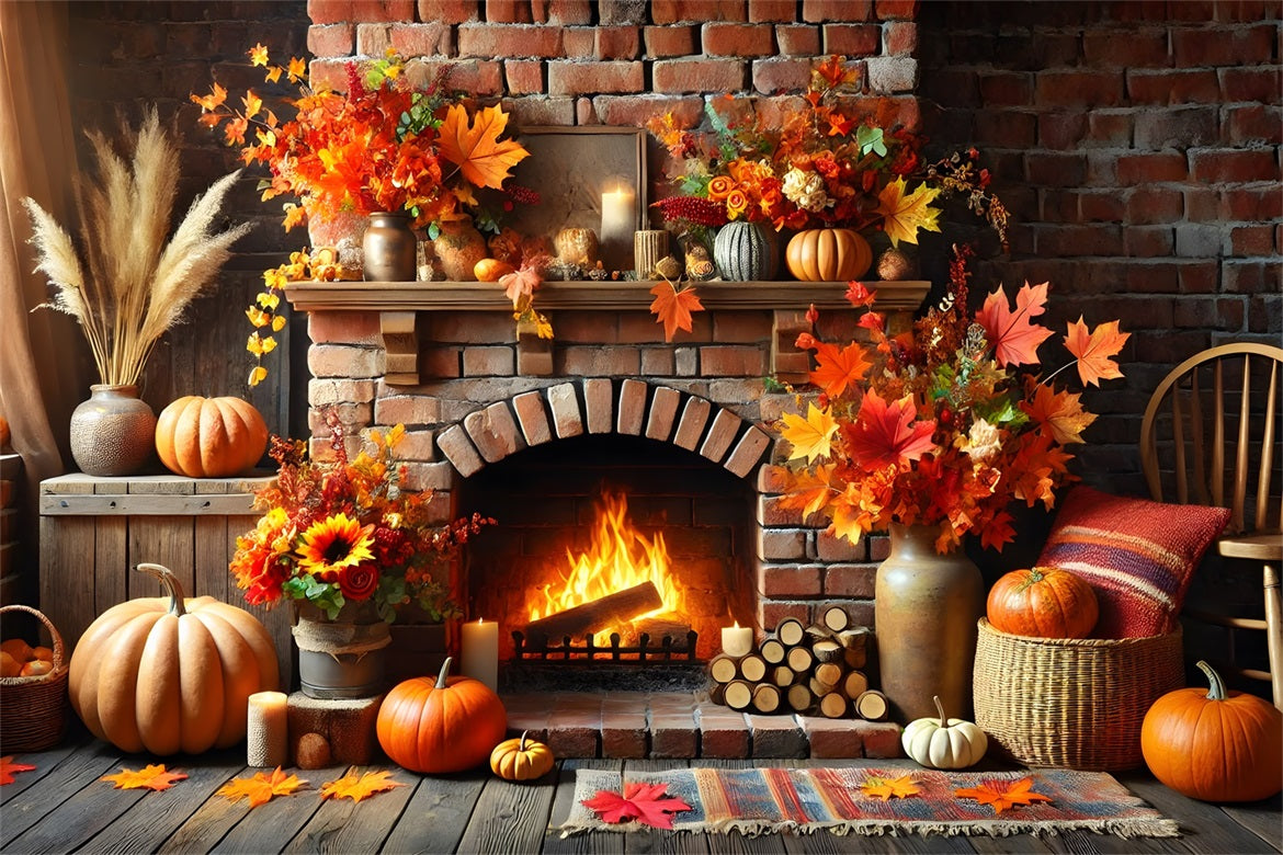 Autumn Leaves Brick Fireplace Pumpkins Backdrop UK RR7-305