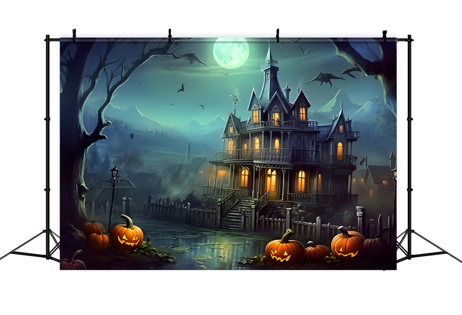 Haunted House Pumpkin Lanterns Halloween Backdrop UK RR7-306