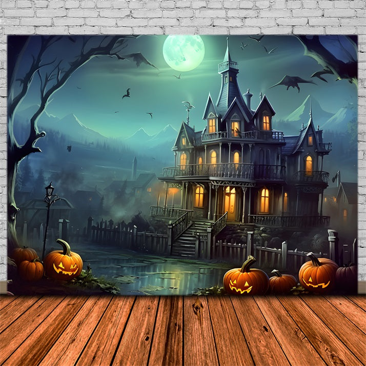 Haunted House Pumpkin Lanterns Halloween Backdrop UK RR7-306