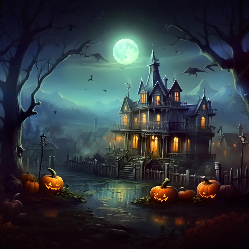 Haunted House Pumpkin Lanterns Halloween Backdrop UK RR7-306