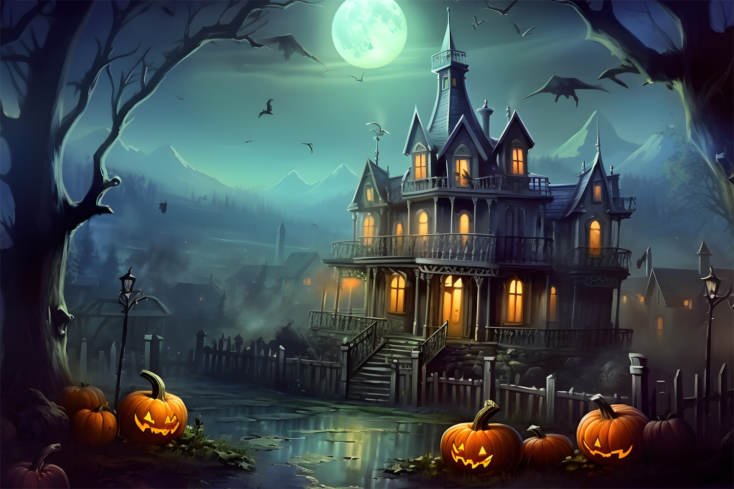 Haunted House Pumpkin Lanterns Halloween Backdrop UK RR7-306