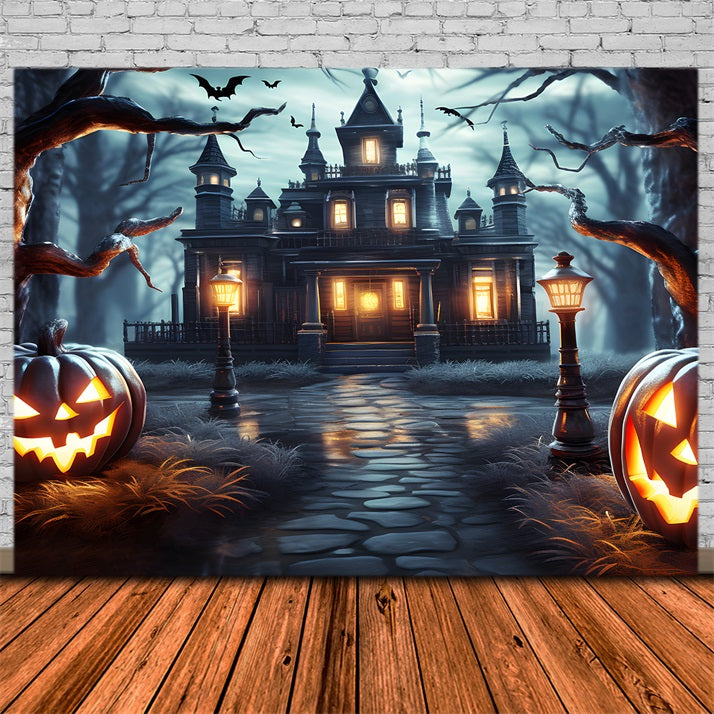 Haunted Mansion Pumpkin Lanterns Halloween Backdrop UK RR7-307