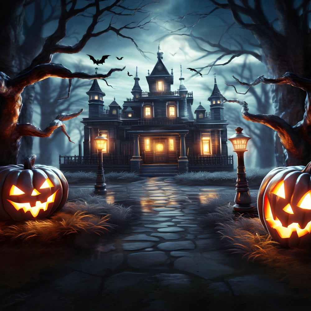 Haunted Mansion Pumpkin Lanterns Halloween Backdrop UK RR7-307